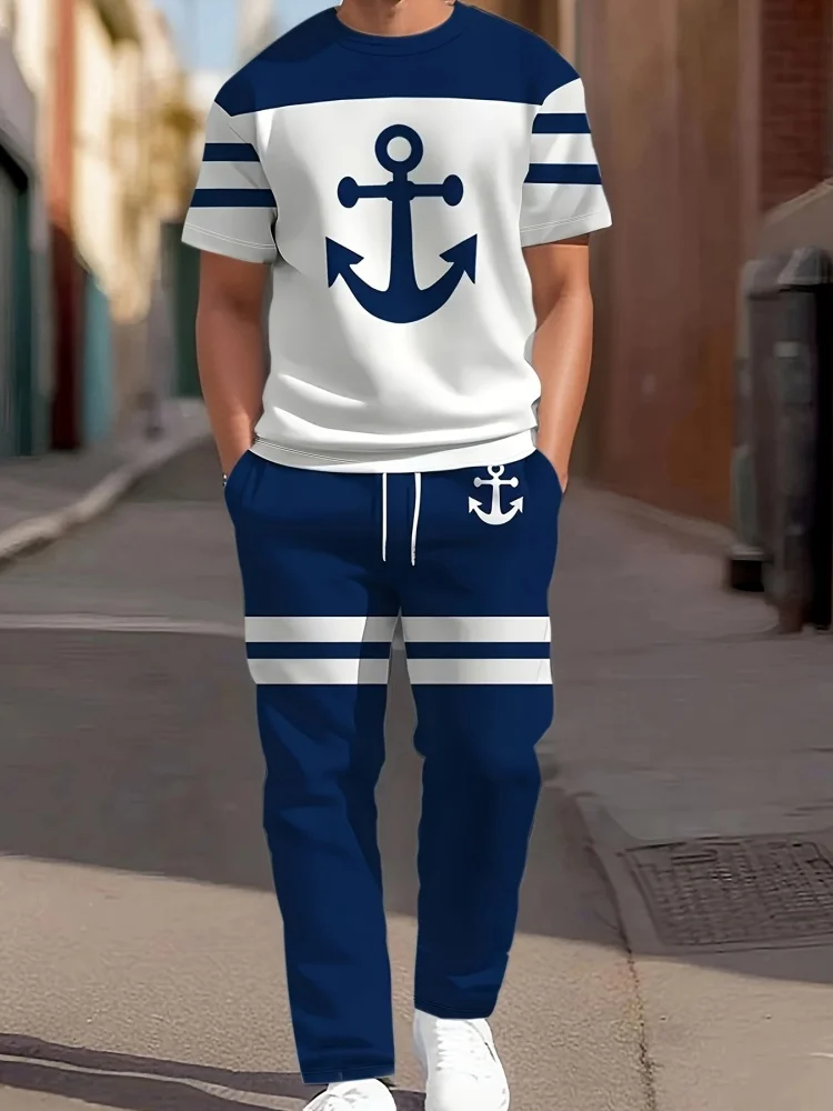 3D Navy Anchor Pattern Men's Set Summer Crew Neck Short Sleeve Shirt With Casual Trousers Two-Piece Set Casual Men's Set