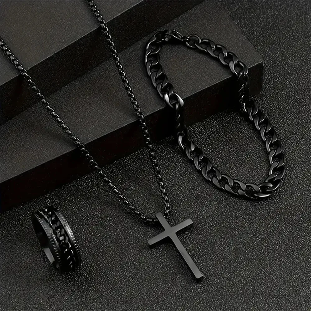 3pcs/Set Fashion Jesus Cross Stainless Steel Pendant Necklace Bracelet Spinner Ring Hip Hop Men Rock Biker Jewelry Set Wholesale