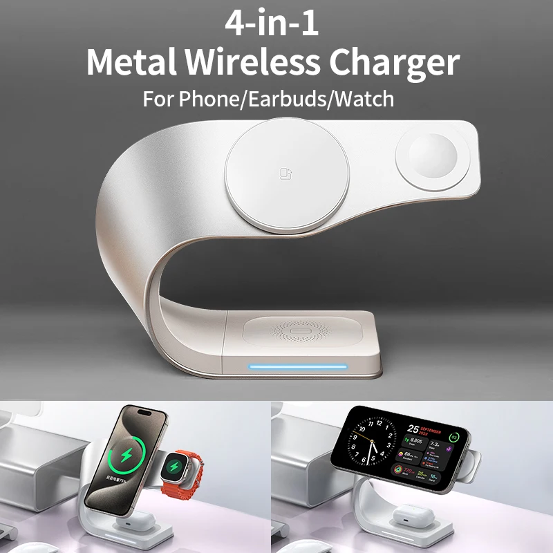 4 in 1 Wireless Charger Metal Shell Magnetic 15W Fast Charging Station Stand for iPhone 12-17 Mobile Phones Airpods Apple Watch