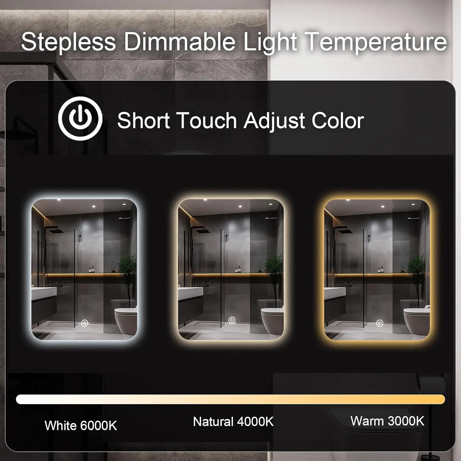 45x60cm Smart Bathroom Wall Mirror Bathroom Mirror Lighting Mirror With LED Light Touch Switch 3 Colors Dimmable Waterproof