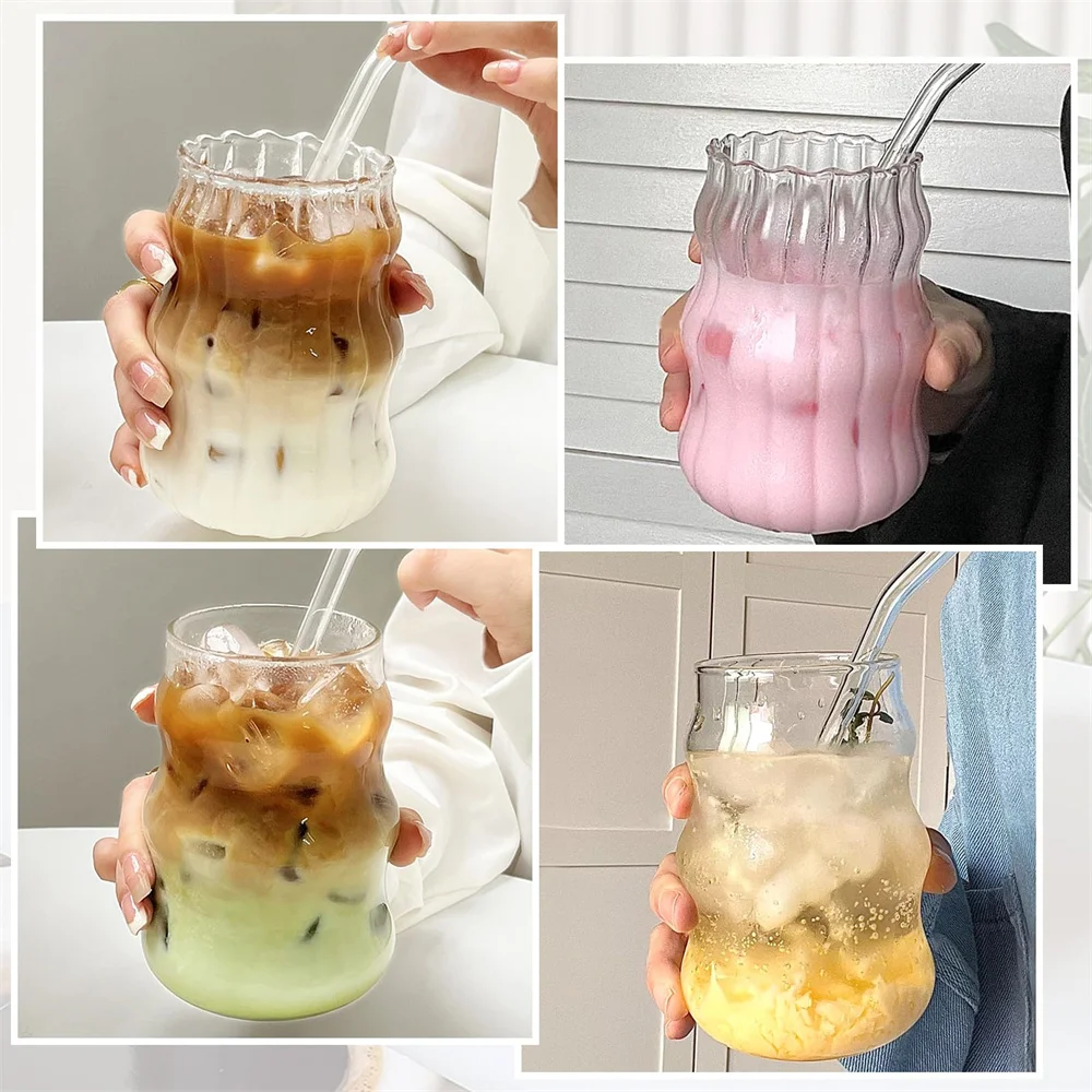 4/6pcs Stripe Glass Cup Could Cup Smooth Surface Bubble Cup Heat-resistant Tumbler for Iced Coffee, Juice, Beverage, Milk, Tea