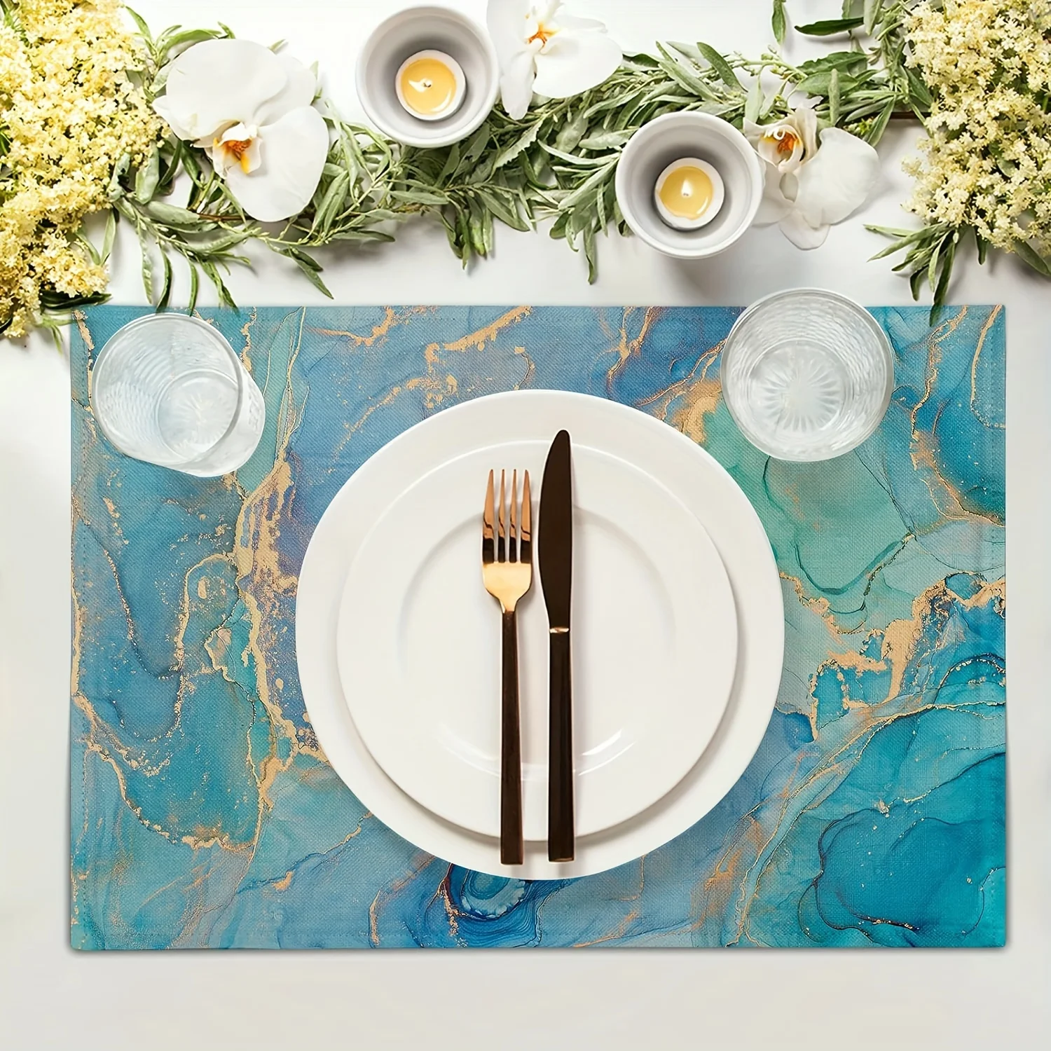 4PC Teal Placemats Turquoise Blue Thick Place Mats Decorative Peacock Table Mat For Dining Table Kitchen Home Decor