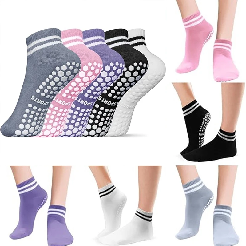 5 Pairs Yoga Socks for Women Running Winter Non Slip Pilates Socks Double Stripes Socks Grip Women Sport Gym Athletic Short Sock