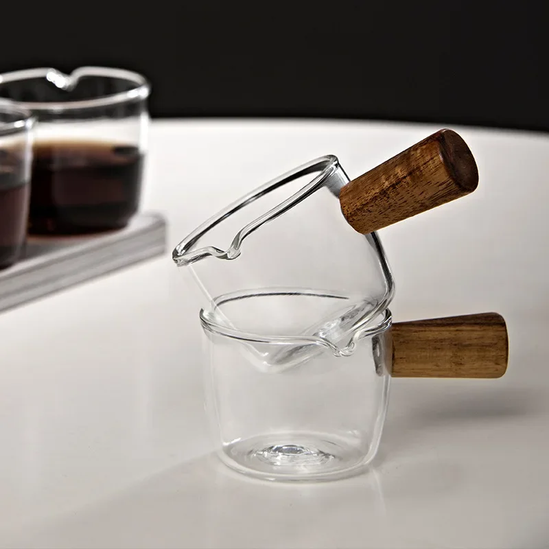 50/75ml Espresso Measuring Cup with Wood Handle Glass Single Mouth Mini Milk Jug Multi-function for Household Coffee Supplies