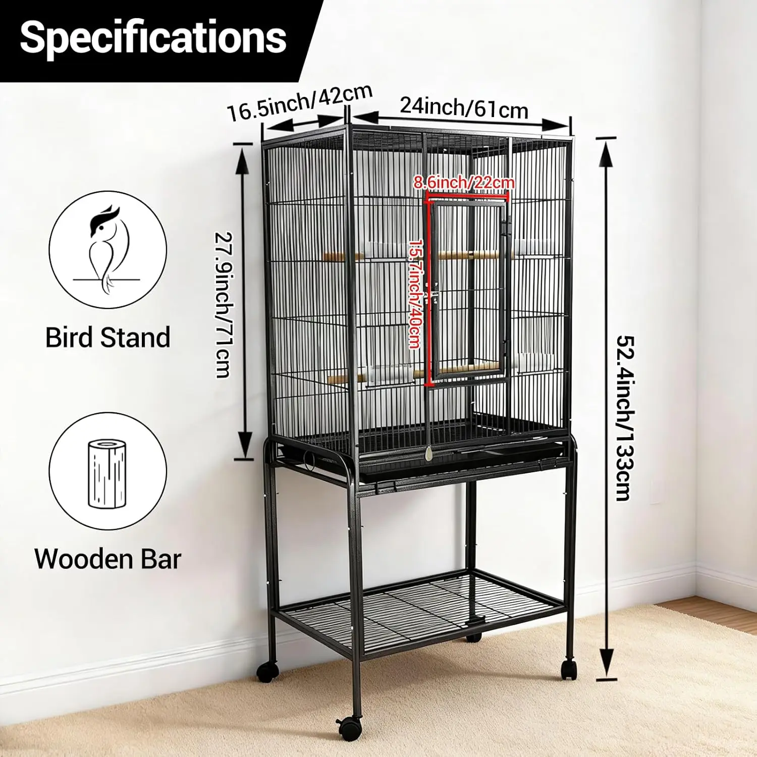 53-Inch Bird Flight Cage, Wrought Iron Standing Roller Bird Cage w/Rolling Stand for Cockatiels Pet Parrot Lovebird Canary Finch