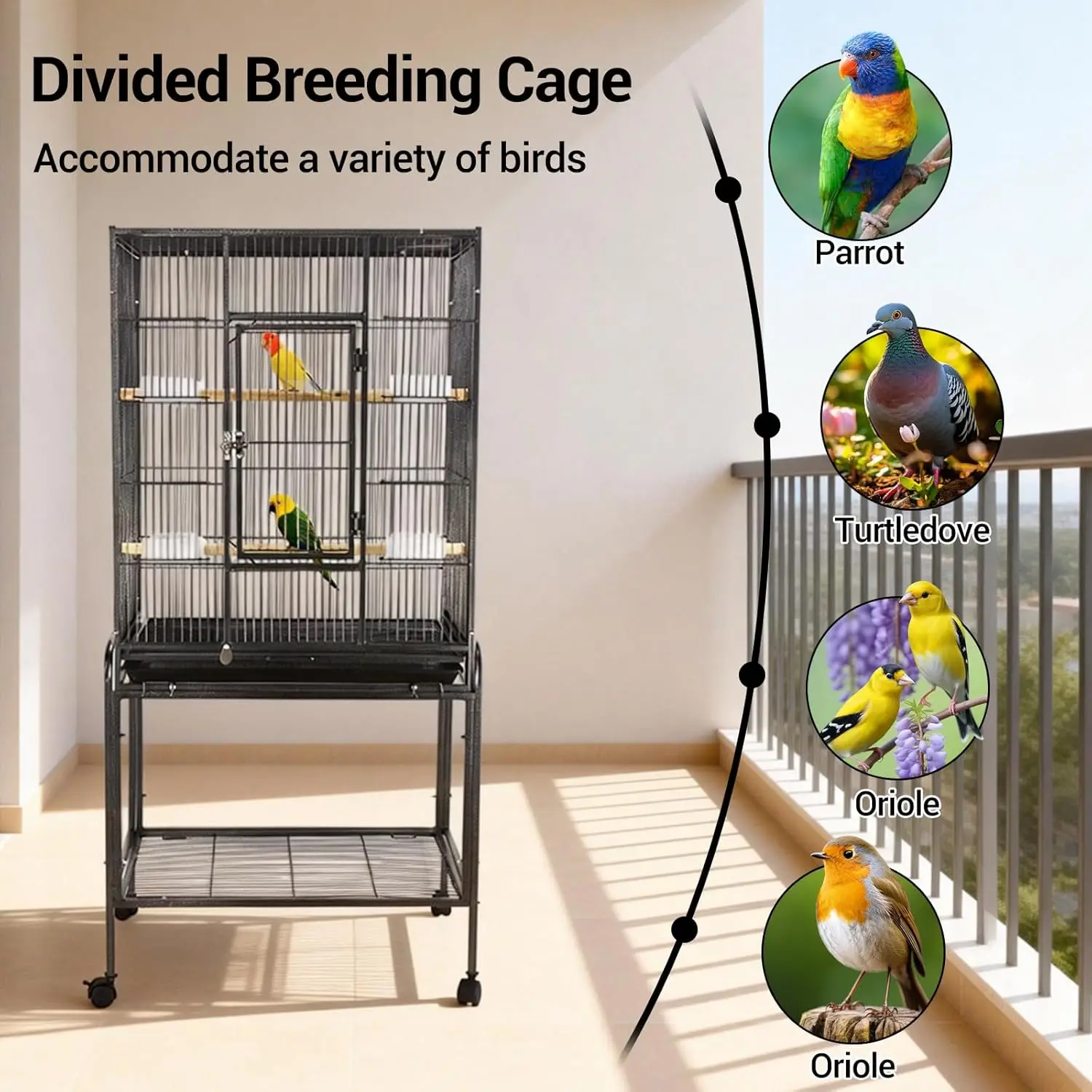 53-Inch Bird Flight Cage, Wrought Iron Standing Roller Bird Cage w/Rolling Stand for Cockatiels Pet Parrot Lovebird Canary Finch