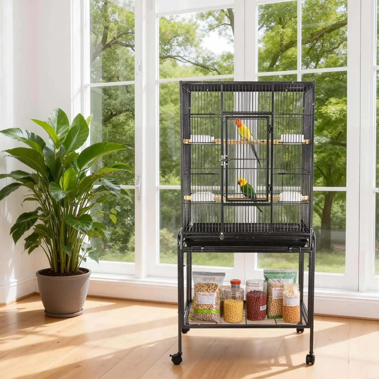 53-Inch Bird Flight Cage, Wrought Iron Standing Roller Bird Cage w/Rolling Stand for Cockatiels Pet Parrot Lovebird Canary Finch