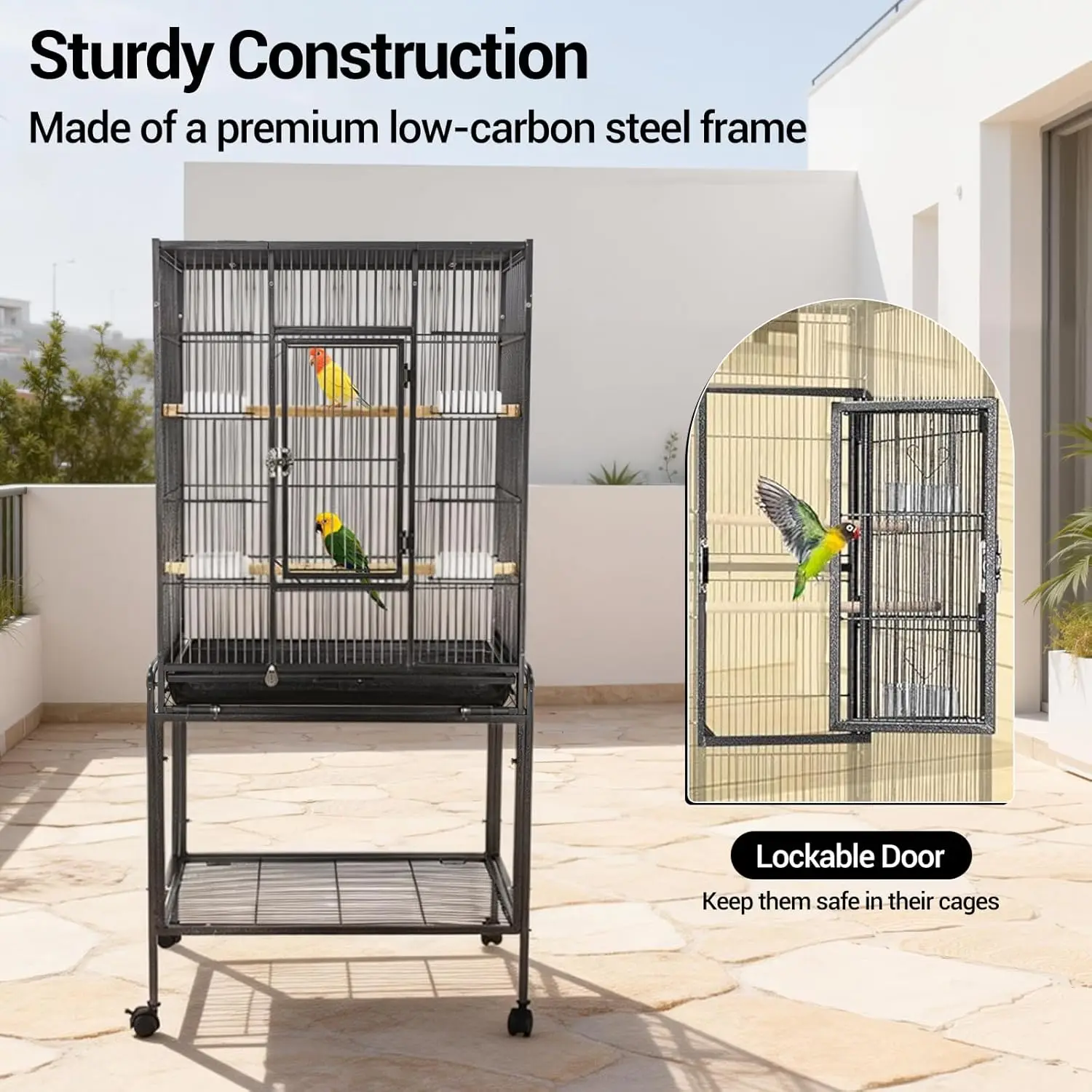 53-Inch Bird Flight Cage, Wrought Iron Standing Roller Bird Cage w/Rolling Stand for Cockatiels Pet Parrot Lovebird Canary Finch