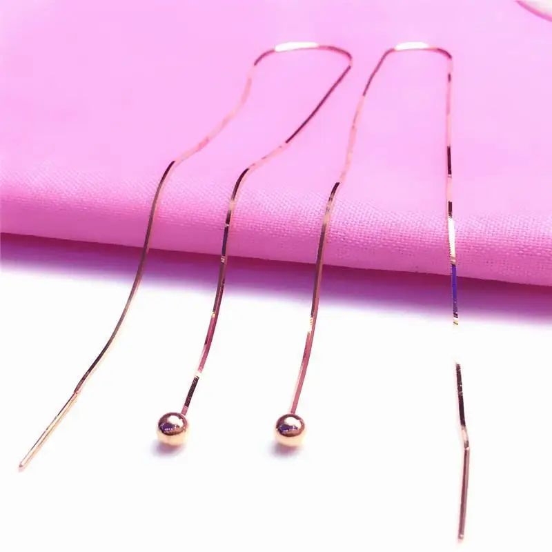 585 purple gold small round bead long soft chain earrings for women 14K rose gold shiny Ear line light luxury party jewelry