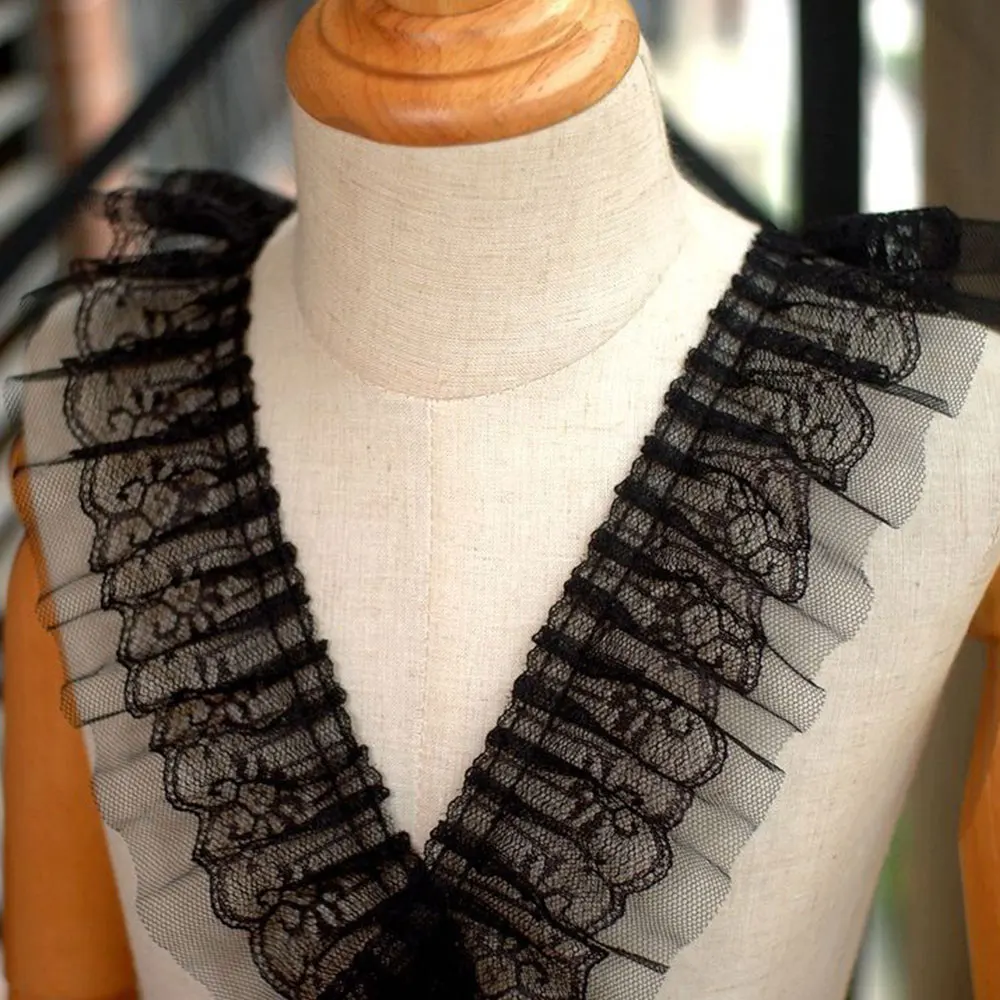 5cm Wide 100cm Long Black White 3D Pleated Chiffon Lace Ruffle Embroidery Double Laminated Wrinkle Trim Applique Fabric Ribbon