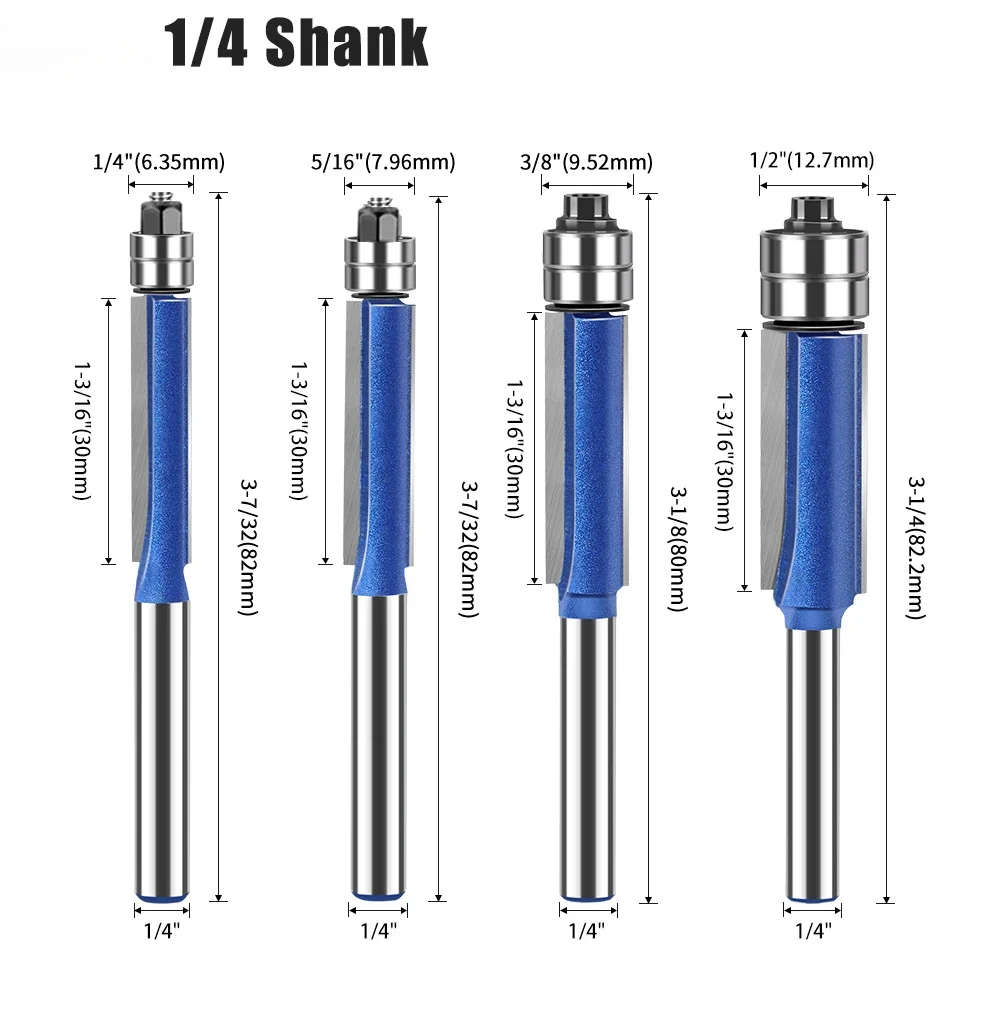 6mm 6.35mm Shank Biaxial Trimming Tool Double Bearing Carbide Flush Trim Router Bits set for Wood Carving Cutter Milling Cutters