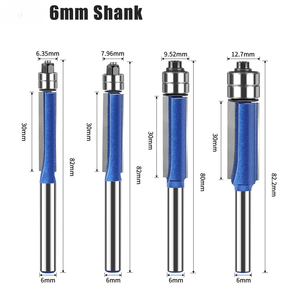 6mm 6.35mm Shank Biaxial Trimming Tool Double Bearing Carbide Flush Trim Router Bits set for Wood Carving Cutter Milling Cutters
