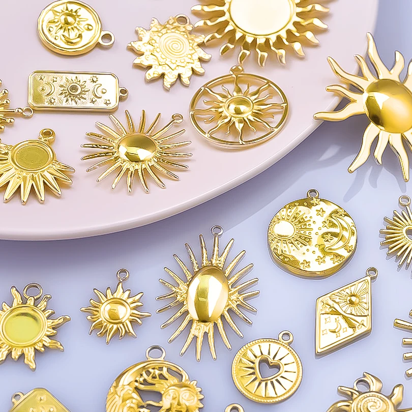 6pcs Real Gold Plated Sun Charms For Jewelry Making Supplies Stainless Steel Charm Pendants Heart Moon Thread Sunshine Material