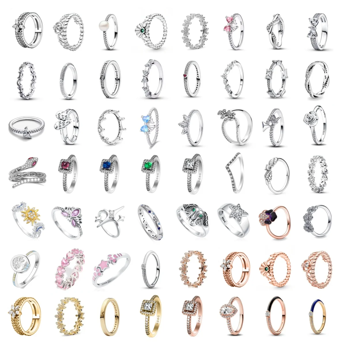 925 Sterling Silver Elevated Red&Pink&Blue&White Square Ring Lover's Holiday Gift Jewelry Flower Butterfly Rings