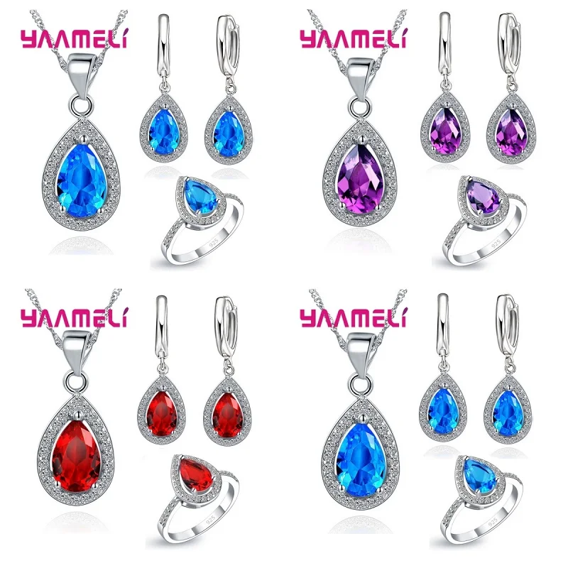 925 Sterling Silver Jewelry Sets Classic Water Drop Crystal Cubic Zircon Pendant Necklace Earrings Ring Set for Women Party Gift