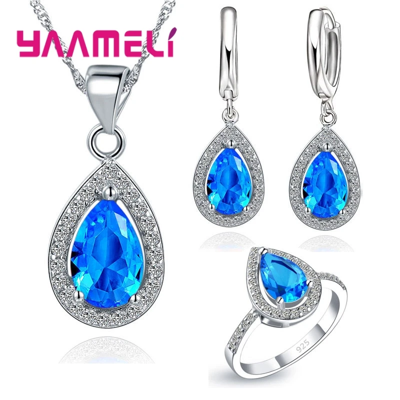 925 Sterling Silver Jewelry Sets Classic Water Drop Crystal Cubic Zircon Pendant Necklace Earrings Ring Set for Women Party Gift