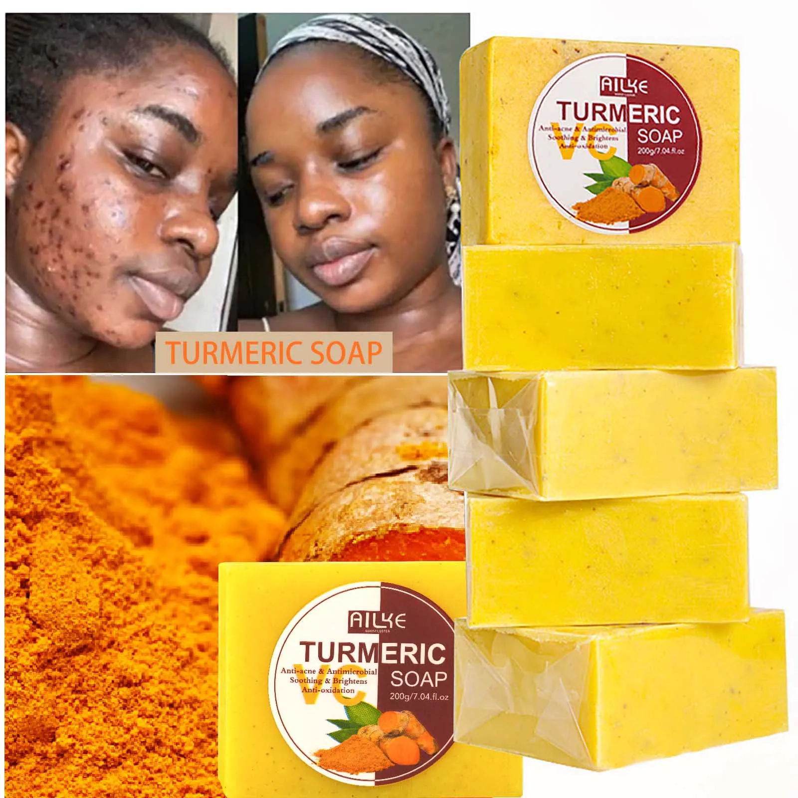 AILKE Natural Turmeric Bath Soap for Face, Body, Hands, Lightening, Cleaning, Even Skin Tone, Anti Dark Spots and Acne, 200g