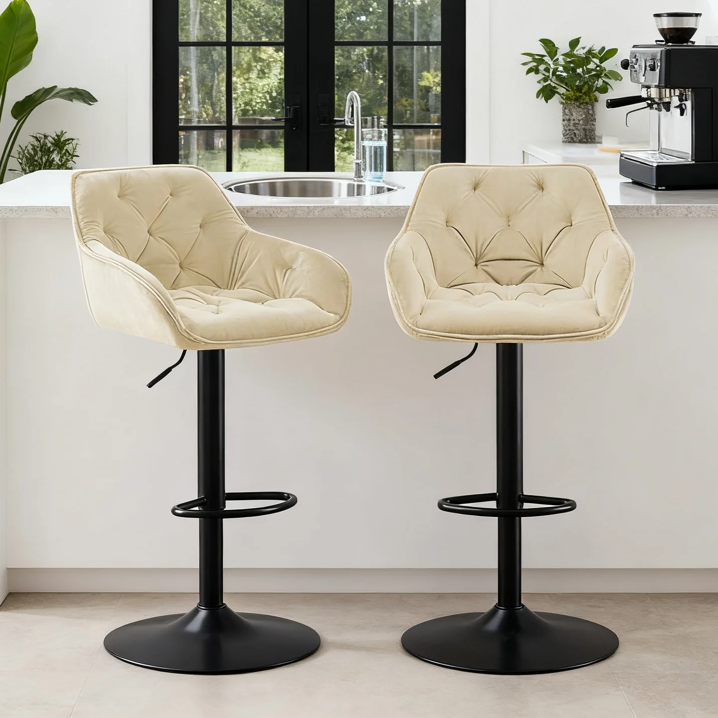 AINPECCA Bar Stools Set of 2 Modern Height Adjustable Swivel Breakfast Bar Stools with Velvet Cushion Arms Backs Barstools