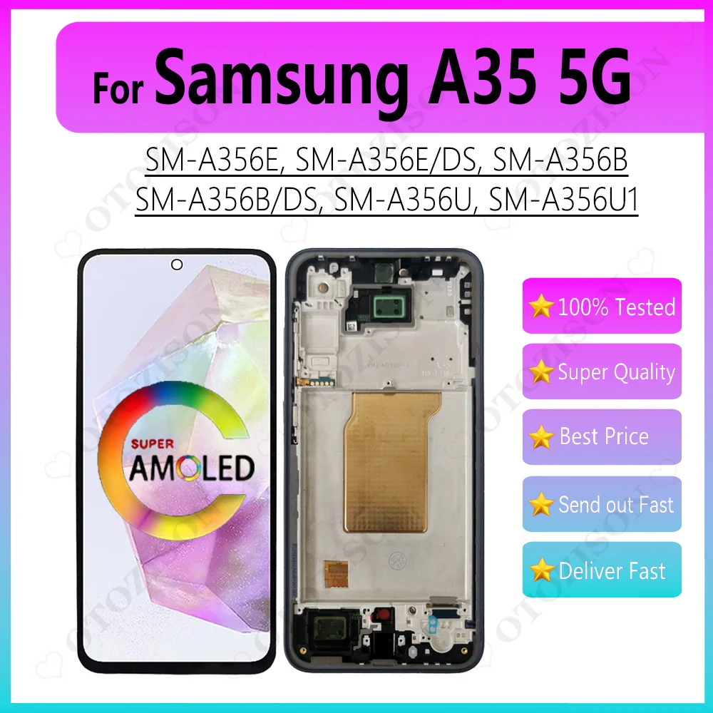 AMOLED For Samsung Galaxy A35 5G LCD Display Screen With Frame A356 SM-A356E/DS SM-A356B A356U LCD Touch Digitizer Assembly