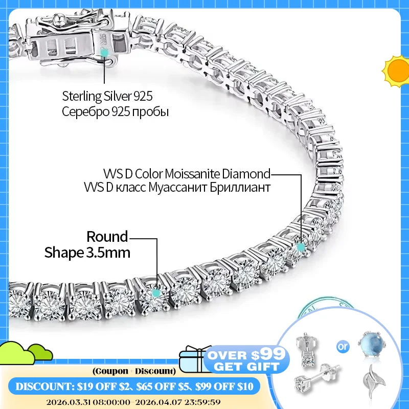 ATTAGEMS 4.0mm 5.0mm DVVS1 Pass Diamond Test Round Cut Moissanite Tennis Bracelet White Gold Plated 925 Silver Jewelry for Women