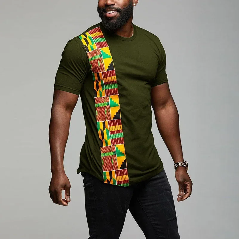 African Kente T Shirt Patchwork Color Print Top Wear Mens Ankara Style Panel Tees O Neck Kitenge For Men Short Sleeves Black