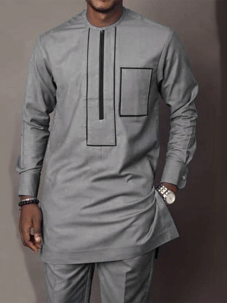 African Men 2024 Summer Suit Long Sleeves Round Collar Pocket Splice Top Pants Two Piece Set Africa Casual Gentleman Outfits