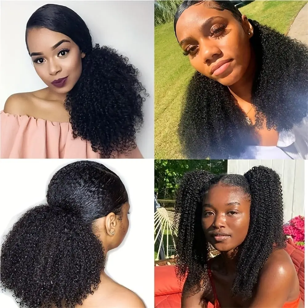 Afro Kinky Curly Ponytail Drawstring Human Hair Extensions for Black Women Kinky Curly Human Hair Ponytail Extension 12 Inch