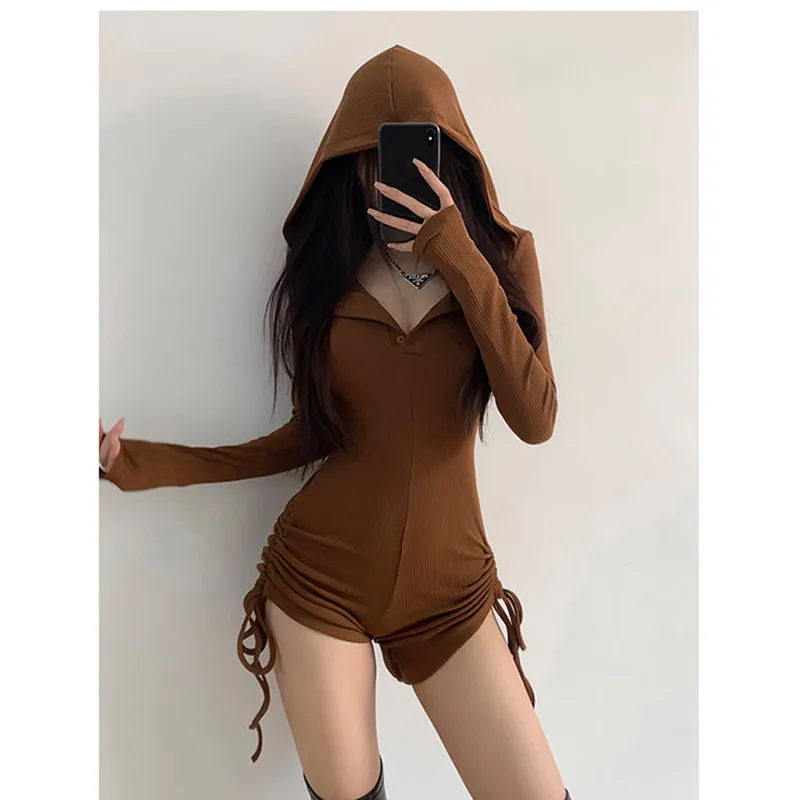 American Style Simple Versatile Slimming Long Sleeve Hooded Jumpsuit Shorts with Belt Side Gathered Elegant Unique Design