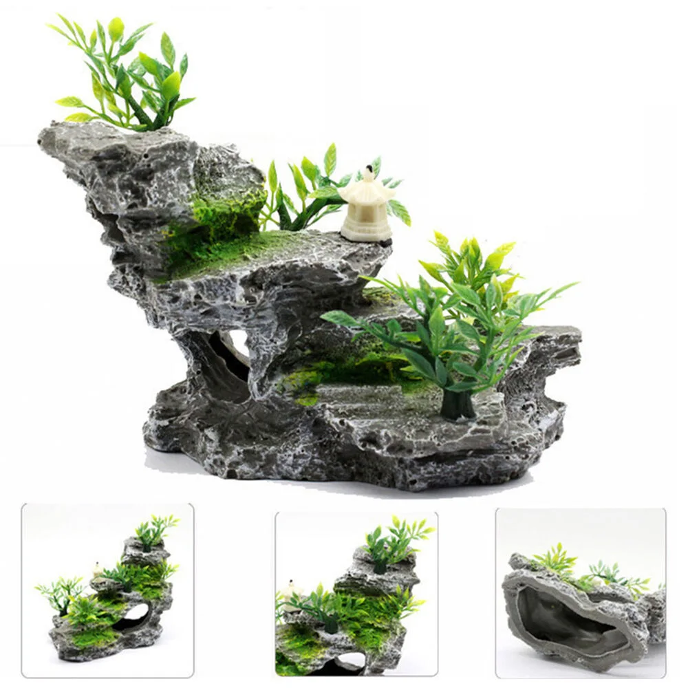 Aquarium Fish Tank Decor Rockery Mountain Stone Hiding Fish Cave Resin Ornaments