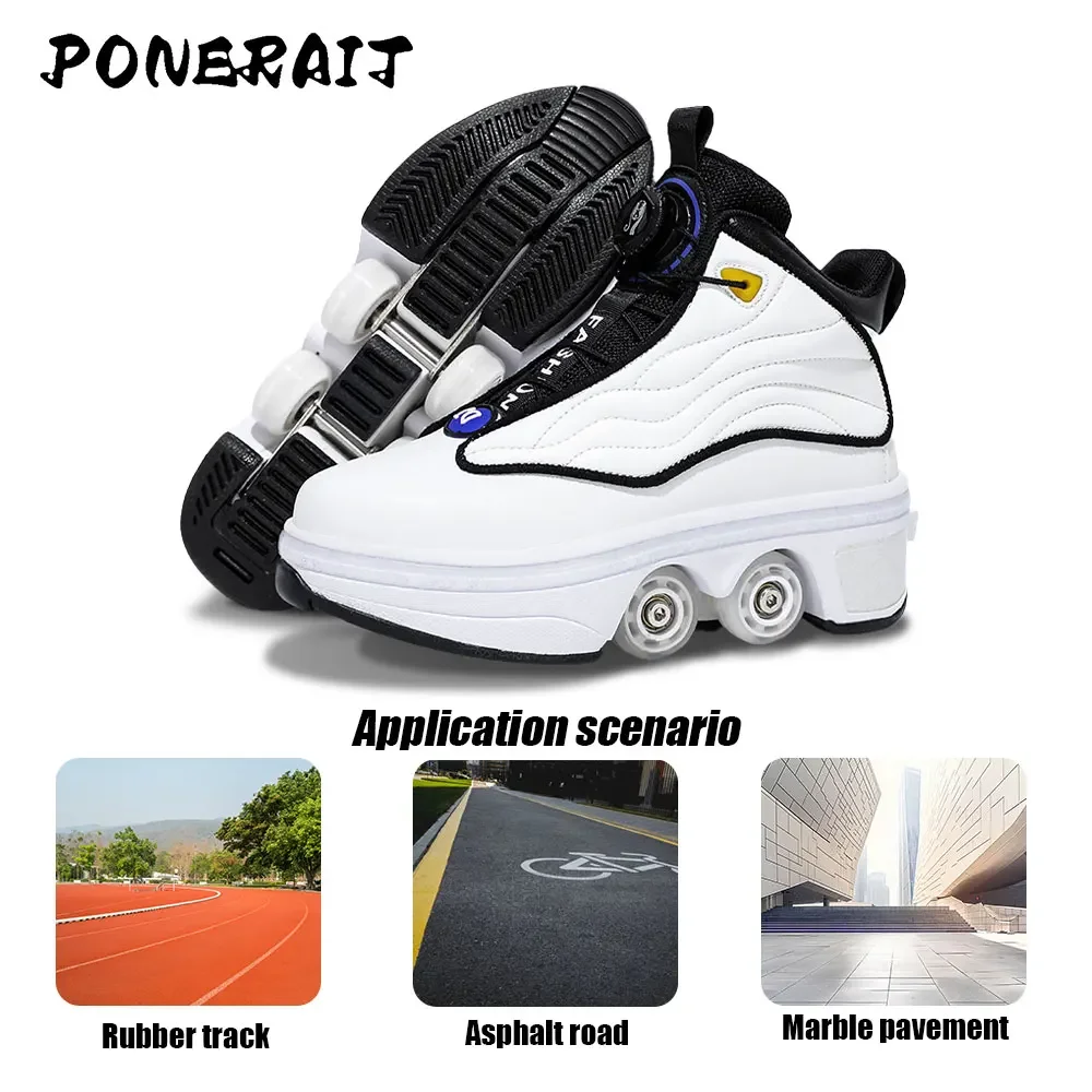 Automatic Retractable 4 Wheel Roller Skate Shoes High Top Dual-purpose Casual Sneakers for Men Women Youth