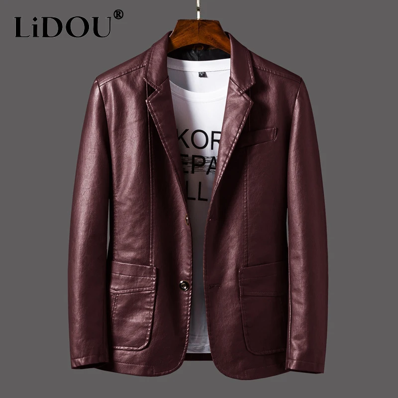 Autumn Winter New Solid Color Fashion Tailored Collar Leather Clothing Man High Street Casual Button Patchwork Pockets Outwear