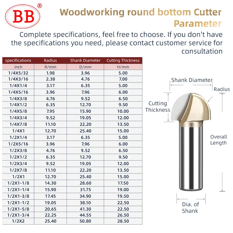 BB Half Round Radius Bottom Bullnose Router Bits Wood Circular Arc Cove Box Milling Cutter 1/2 1/4 Bowl Ball Nose Engraving Tool