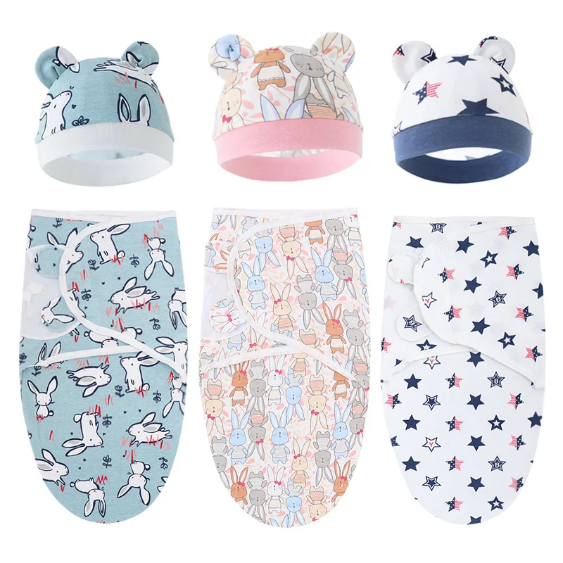 Baby Blanket Hat Set Cartoon Printed Cotton Newborn Swaddle Adjustable Infant Blankets Wraps Applicable All Seasons 0-6 Months