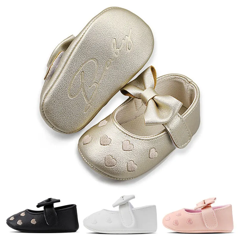 Baby Shoes Classic Dress Cute Bow-knot Heart Anti-slip Soft Sole First Walkers Infant Baby Girls Toddler Shoes 0-18m