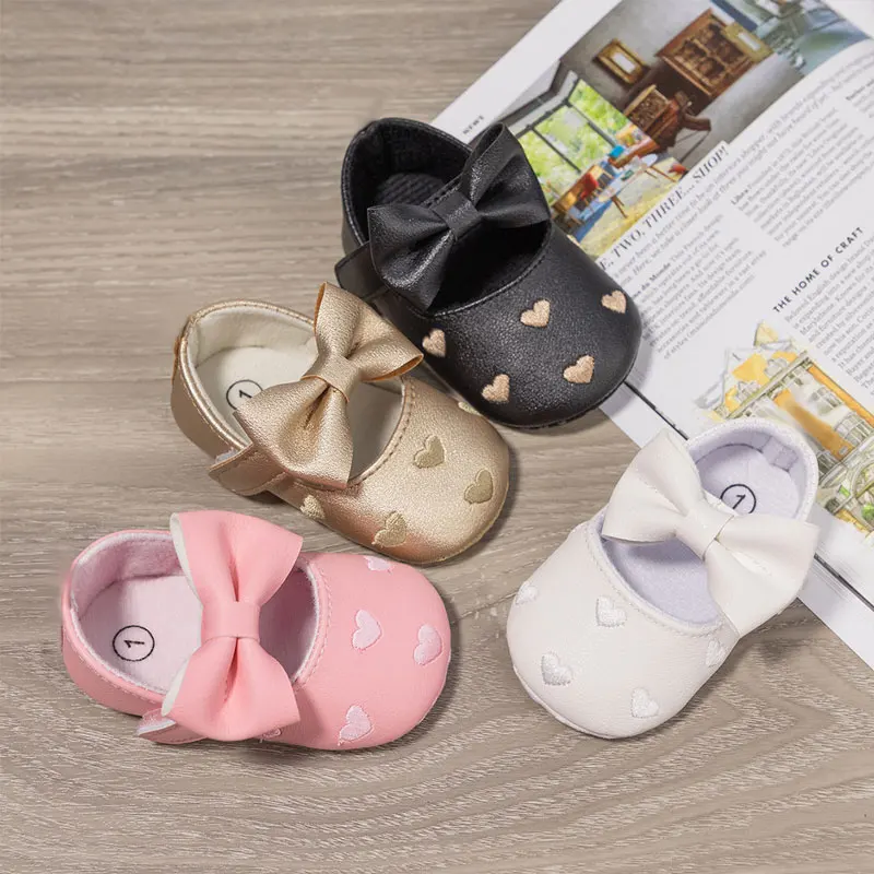 Baby Shoes Classic Dress Cute Bow-knot Heart Anti-slip Soft Sole First Walkers Infant Baby Girls Toddler Shoes 0-18m