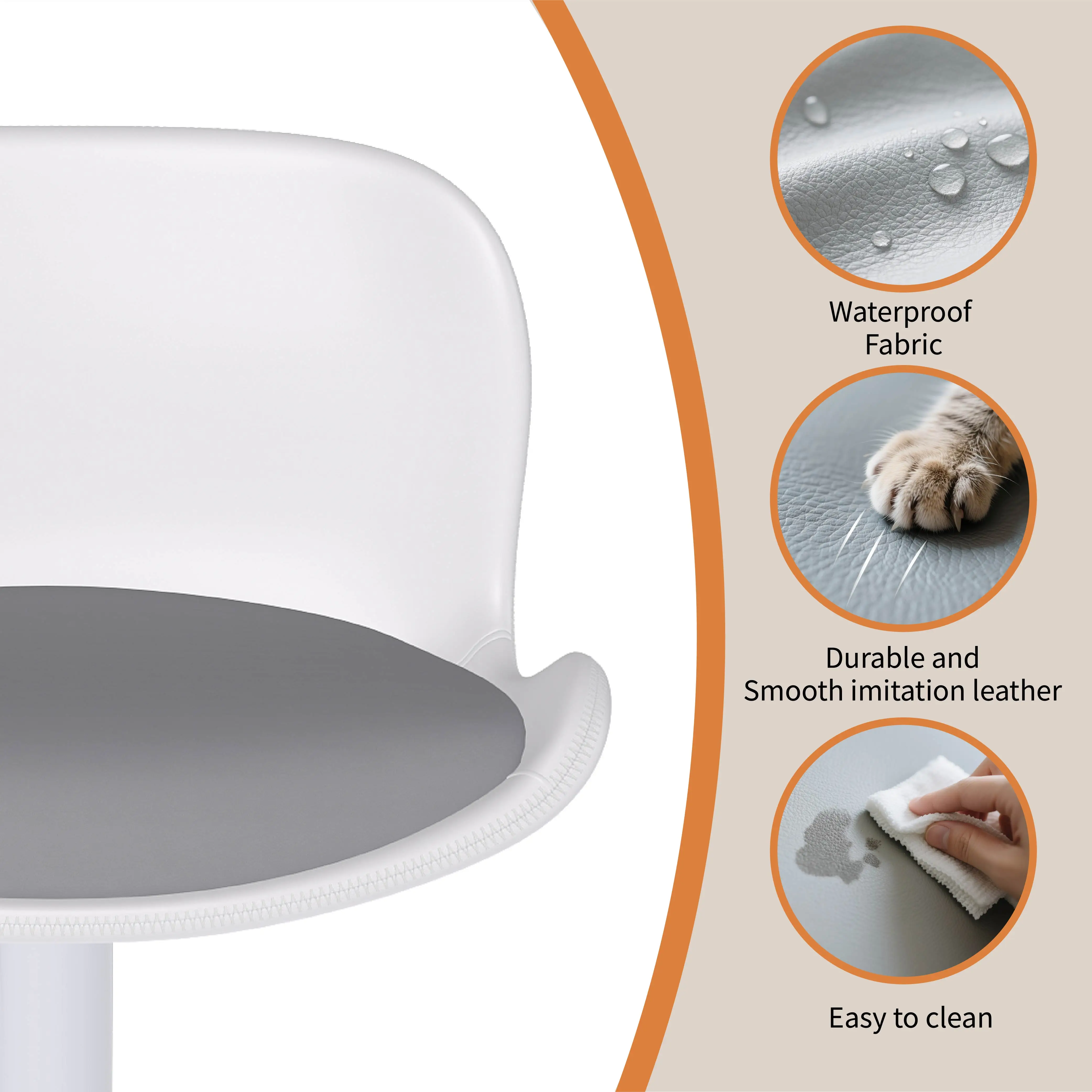 Bar stool Set of 2, 360° swivel chair, Height-adjustable, Barstool with backrest, imitation leather, White/Grey