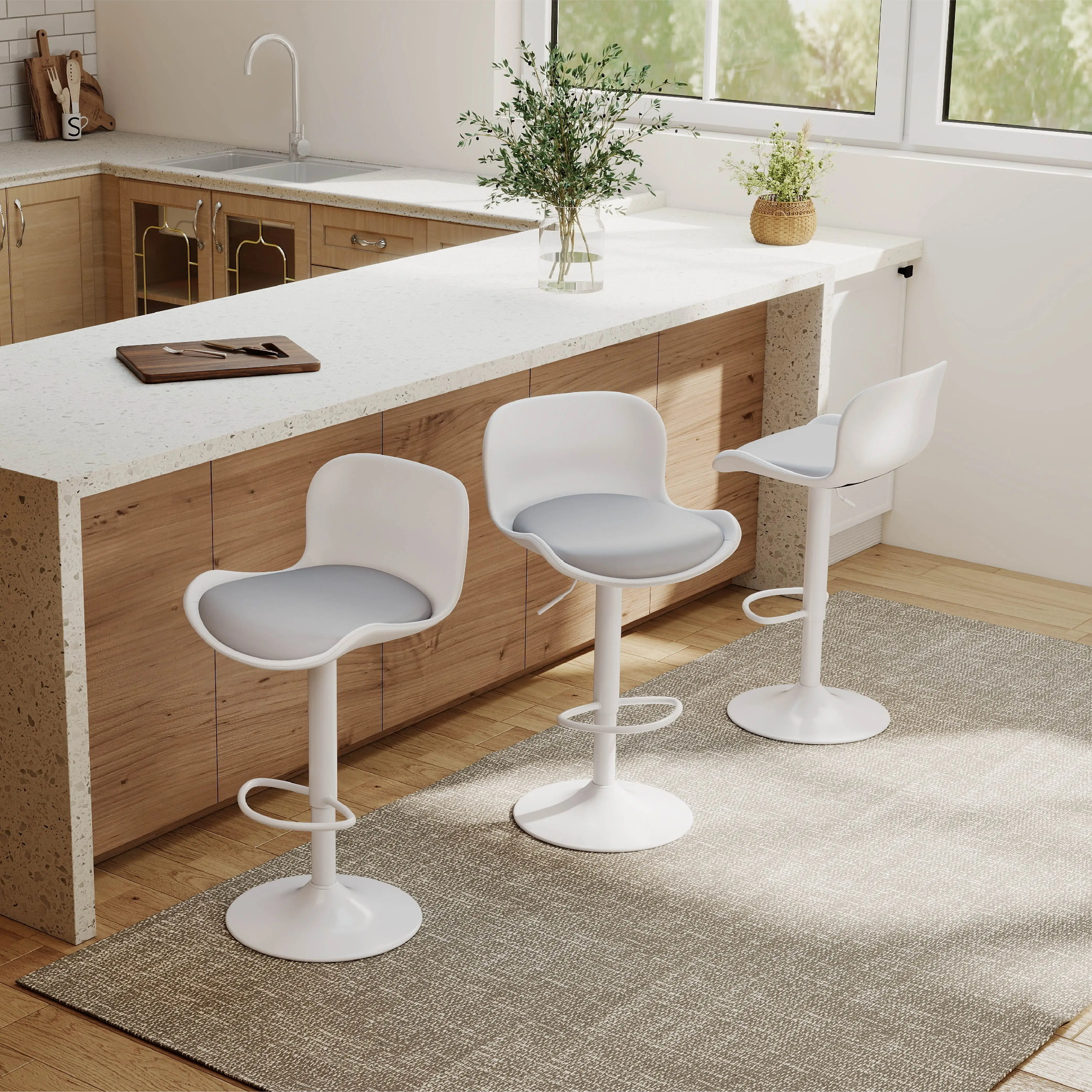 Bar stool Set of 2, 360° swivel chair, Height-adjustable, Barstool with backrest, imitation leather, White/Grey