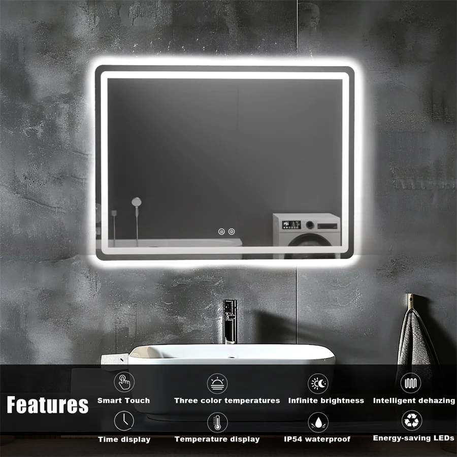 Bathroom Mirror with LED Lights Wall Mounted Mirror IP54 Waterpoof Touch Switch Smart LED Mirror