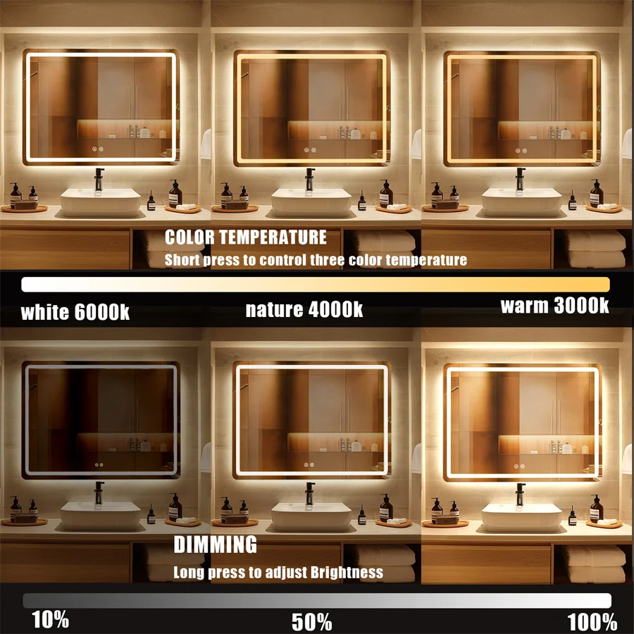 Bathroom Mirror with LED Lights Wall Mounted Mirror IP54 Waterpoof Touch Switch Smart LED Mirror