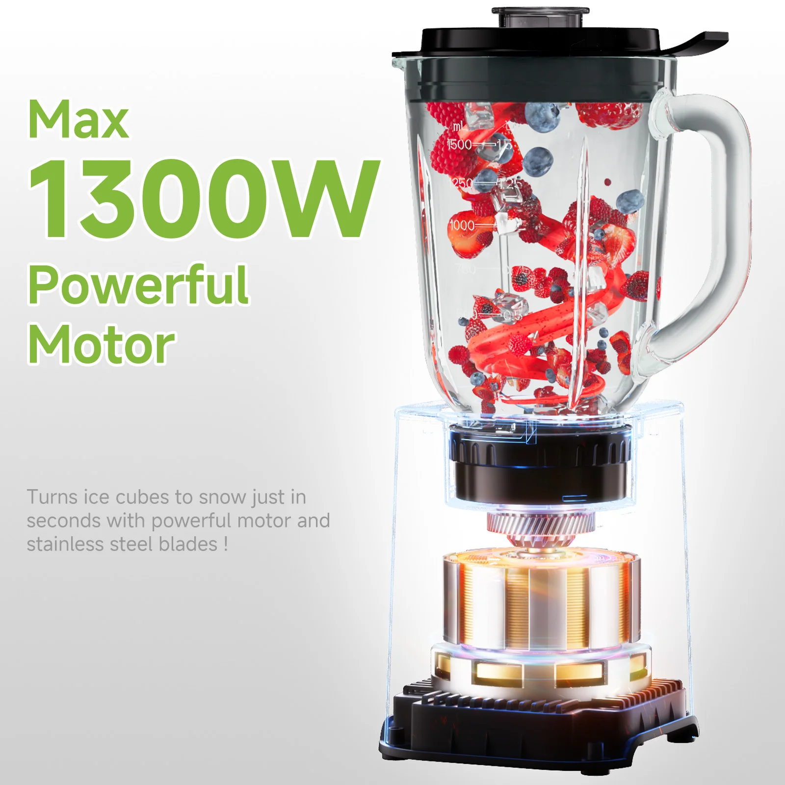 BioloMix 3-in-1 Smoothie Maker Personal Blender 1300W with Stainless Steel Blades, Glass Jar Baby Food Grinder And Juice Maker