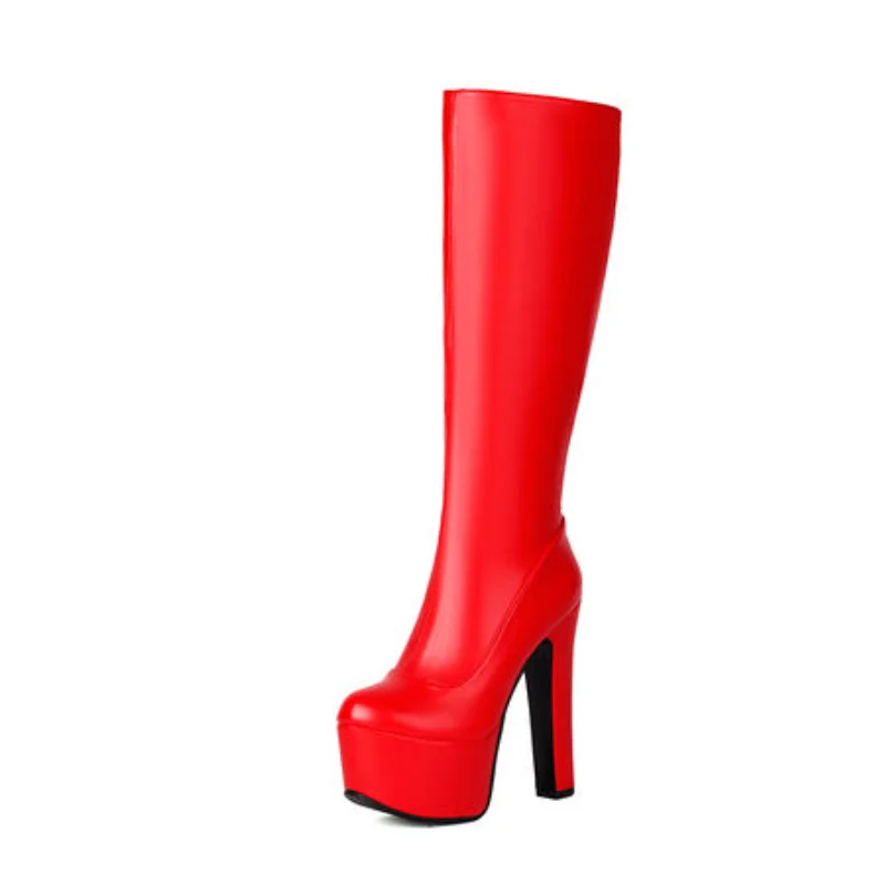 Black Red White Women Knee High Boots Platform Thick High Heel Ladies Calf Boots PU Leather Square Toe Side Zipper Dress Shoes