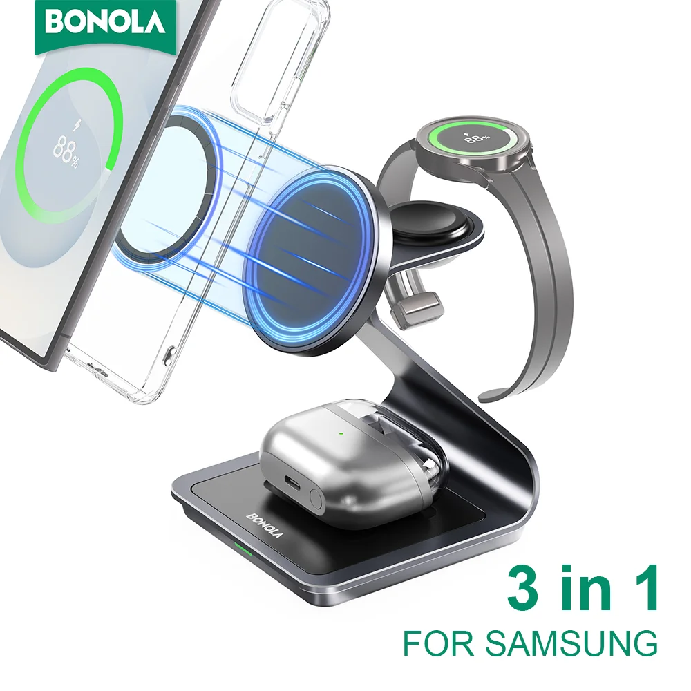 Bonola 3 in 1 Charger Station for Galaxy S26 Ultra/S25/S24 Metal Dock Stand Wireless Fast Charging for Samsung Watch/Galaxy Bud