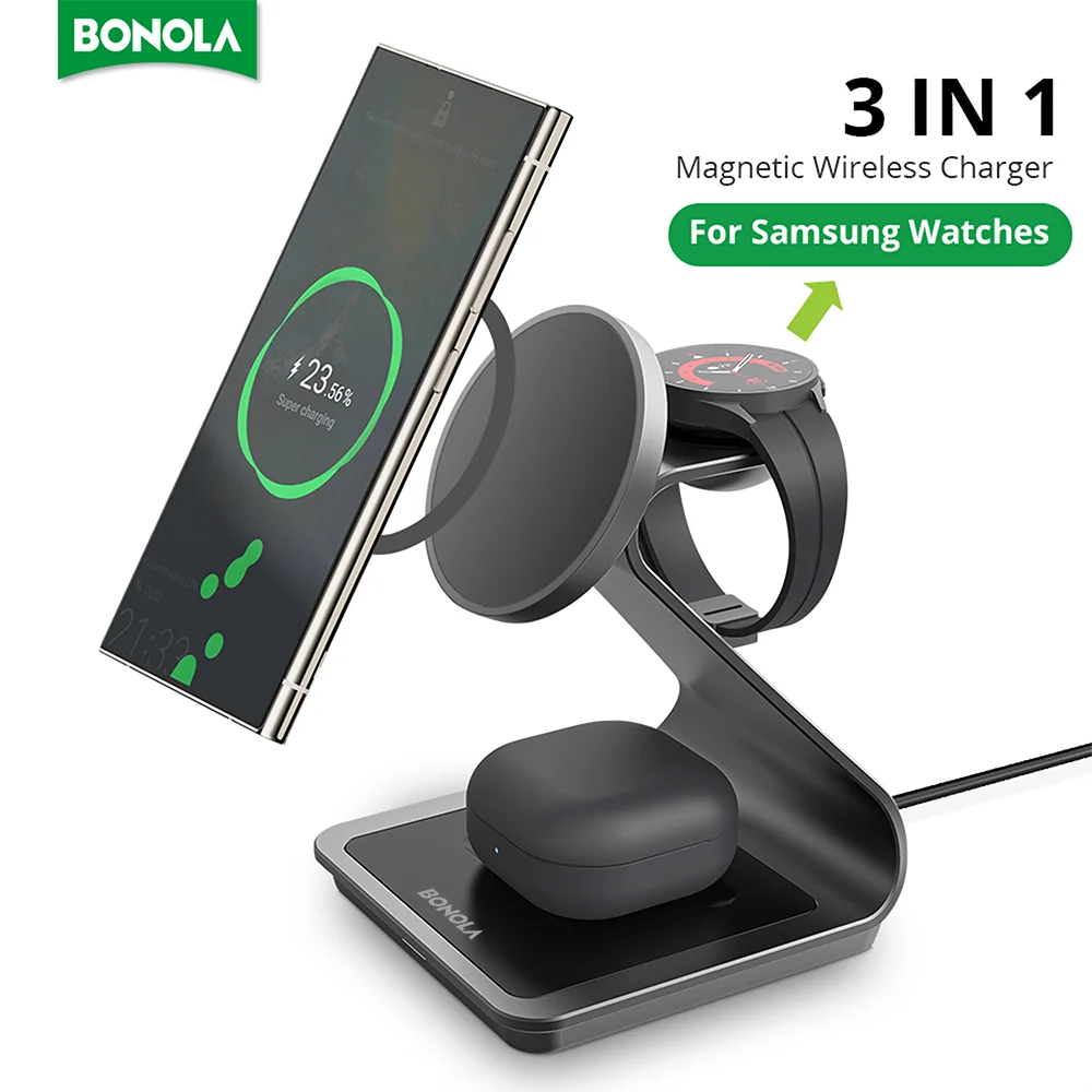 Bonola Magnetic 3 in 1 Wireless Charger Station for Samsung S24 Ultra/S25 25w Fast Charging Stand for Galaxy Watch 7/6/5/Earbuds