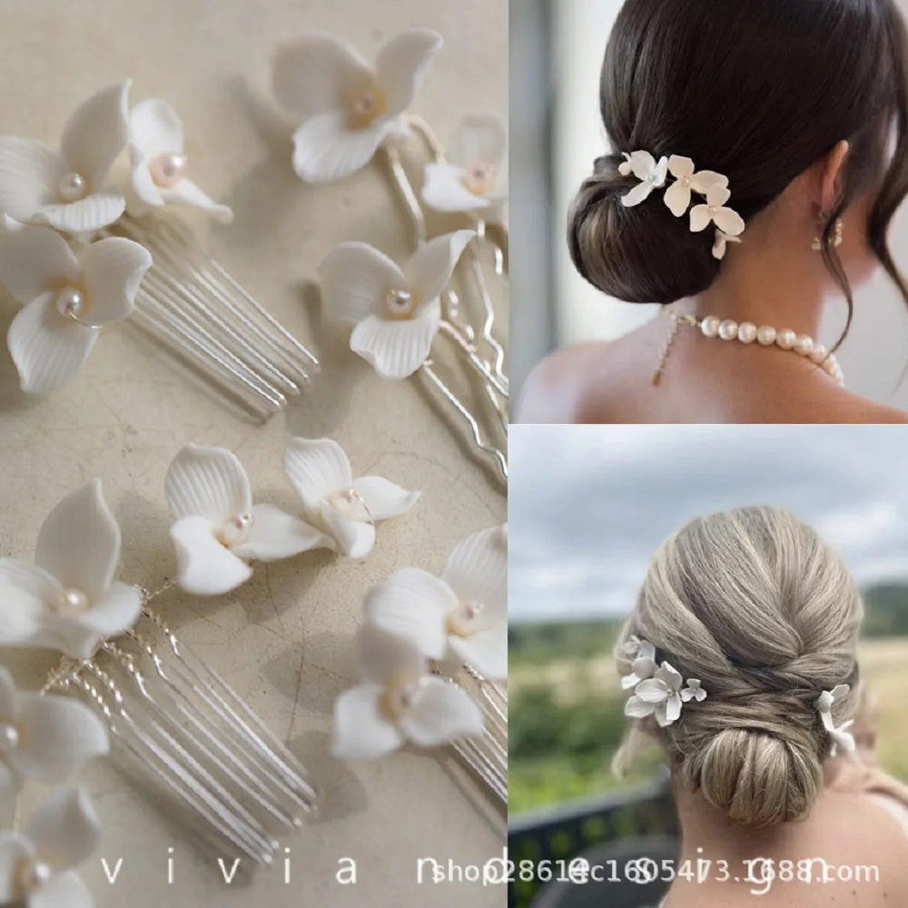 Bridal Pearl Hairpin Ceramic Flower Hair Comb Elegant Silver Color Handmade Hair Clip Wedding Hair Accessories Marriage Jewelry