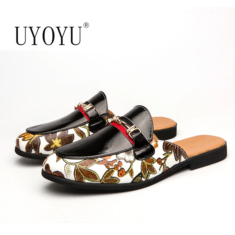 Bright Leather Designer Luxury Brand Mens Fashion Slippers Summer Comfort Half Sandals For Men Mules Casual Shoes Slides Loafers