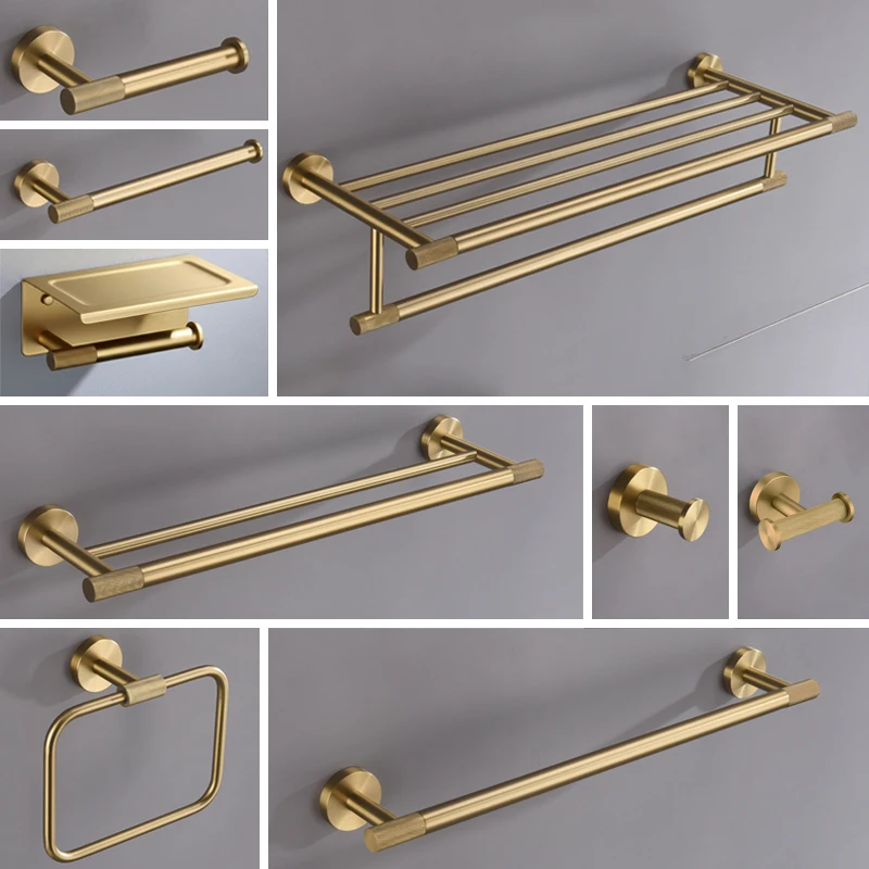Brushed Gold Bathroom Accessories Set Hardware Kit Wall Mount Hand Towel Bar Rack Toilet Roll Paper Holder Robe Hook Hanger