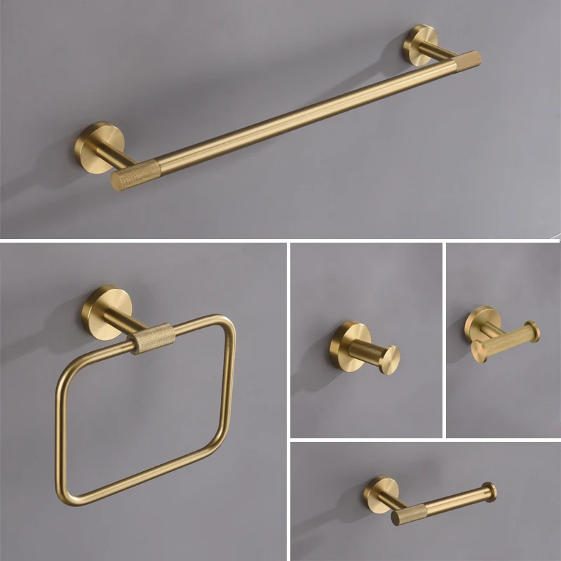 Brushed Gold Bathroom Accessories Set Hardware Kit Wall Mount Hand Towel Bar Rack Toilet Roll Paper Holder Robe Hook Hanger