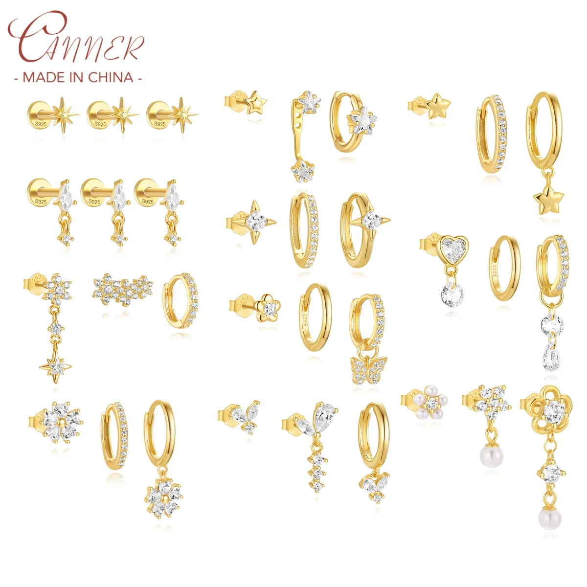 CANNER 3pc 925 Silver Exquisite Diamond Zircon Flat Puncture Thread Earrings Set For Women 18K Gold Eight Pointed Star Jewelry
