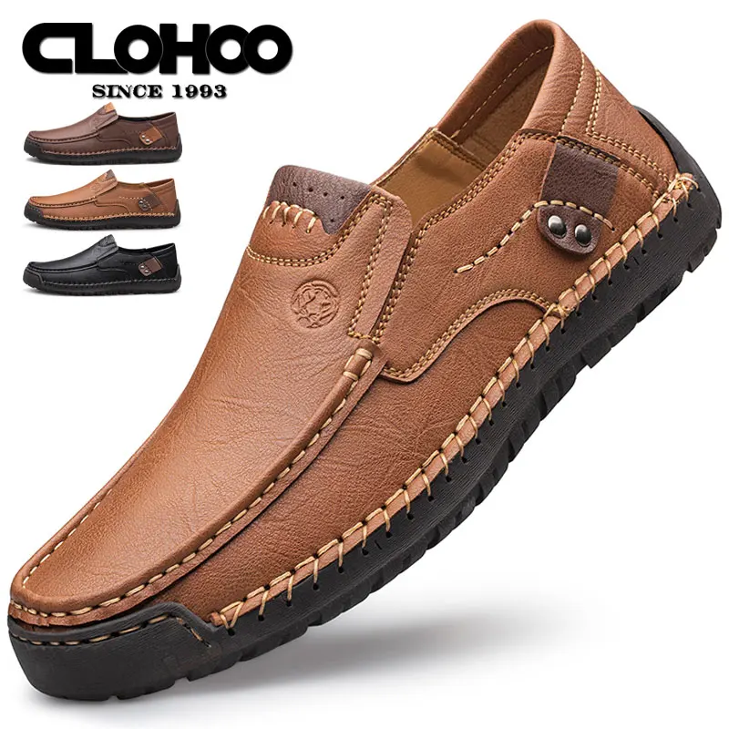 CLOHOO Men's Handmade Thick Rubber Bottom Breathable Casual Leather Shoes Classic Sewn Loafers Comfortable Leisure Footwear