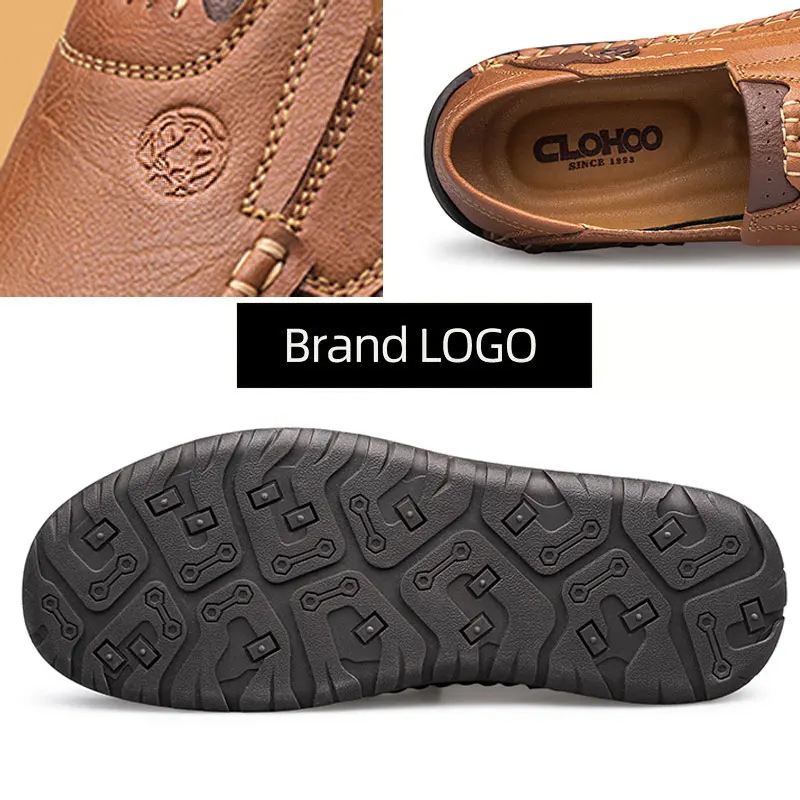 CLOHOO Men's Handmade Thick Rubber Bottom Breathable Casual Leather Shoes Classic Sewn Loafers Comfortable Leisure Footwear